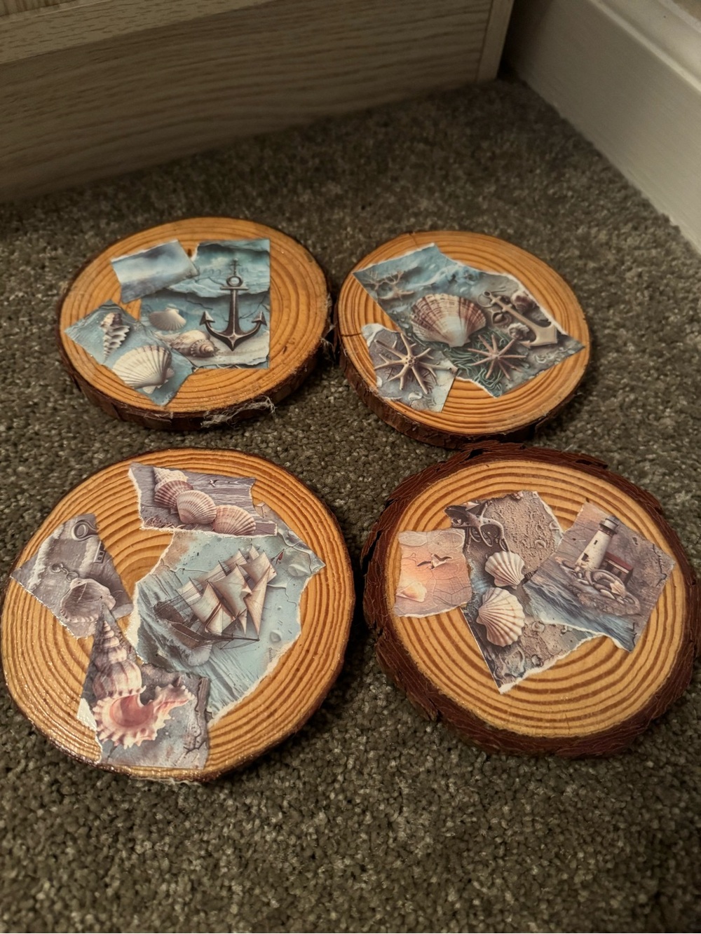 Coastal Wood Slice Coaster Set with Blue Nautical Accents (Set of 4)